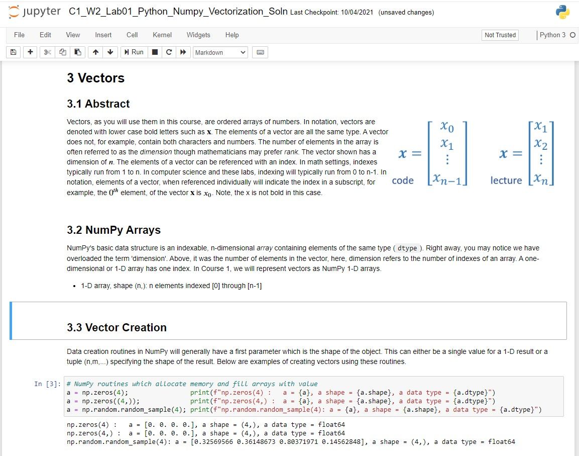 Jupyter Notebook with content on Numpy sourced from Coursera: Supervised Machine Learning: Regression and Classification