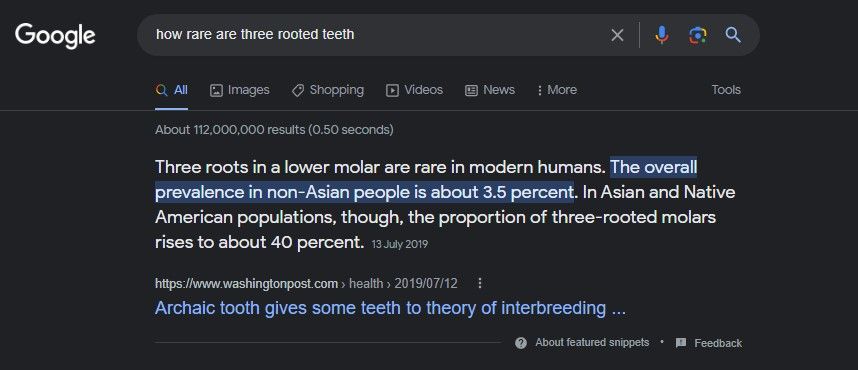 Google search results of how rare are three-rooted teeth
