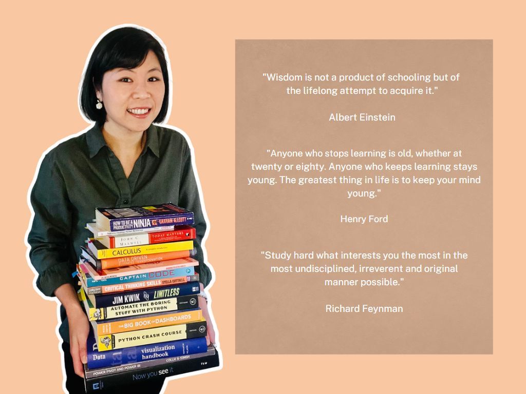 Image of Danni Liu and her treasured possession: books! Along with quotes on learning by Albert Einstein, Henry Ford, and Richard Feynman