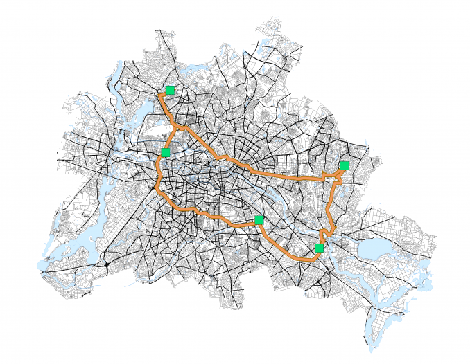 Map of a city with route mapped out- Network map
